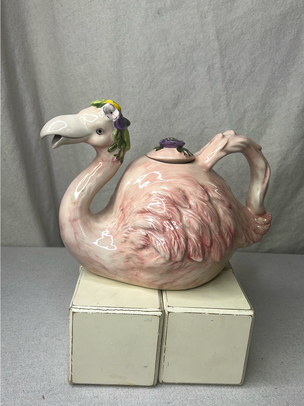 Cracker Barrel Vintage Pink Flamingo Ceramic Teapot with Floral Accent
